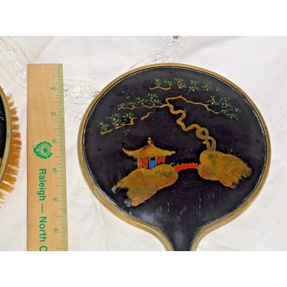 Antique Chinese Bakelite Black and Gold Large Hand Painted Mirror and Brush Set - Picture 10 of 12